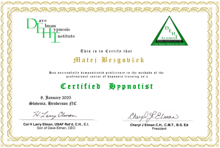 Certifikat Dave Elman Hypnosis Institute Mateja Bezgovška
